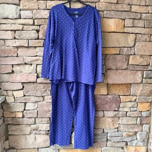 Croft & Barrow Womens 2X Pajama Set Blue Polka Dot Henley Top & Pants Sleepwear